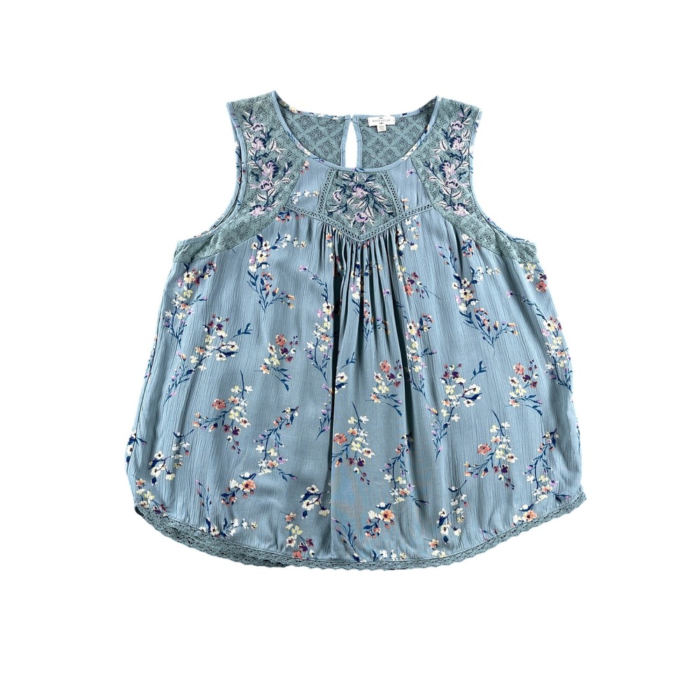 Mason & Belle Blue Floral Lace Yoke Sleeveless Blouse XXL Boho Embroidered Top